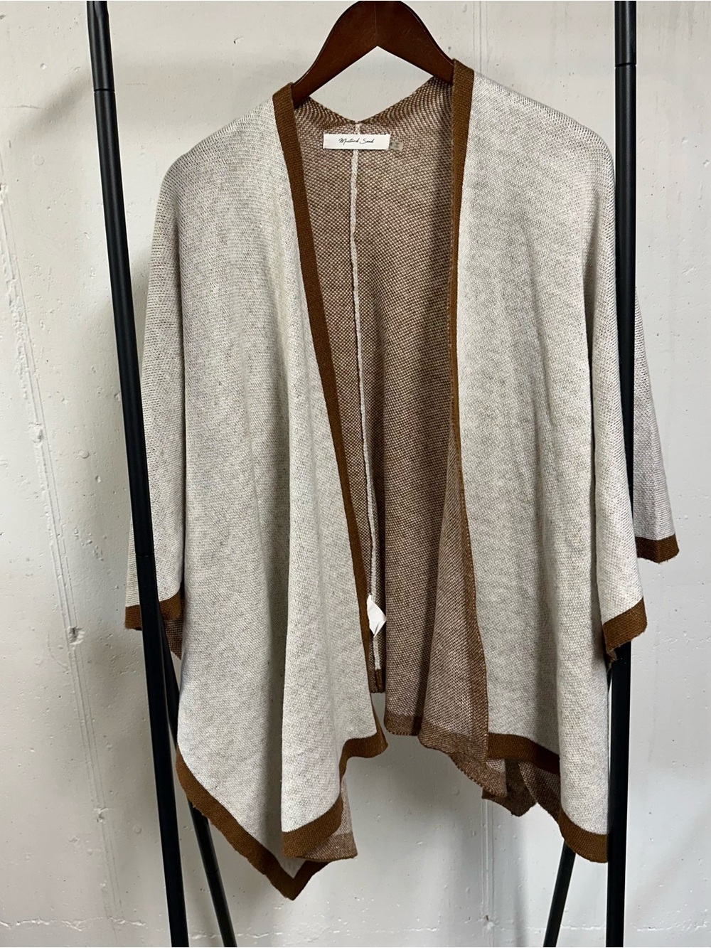 Mustard Seed Cream Open-Front Knit Poncho with Brown Trim